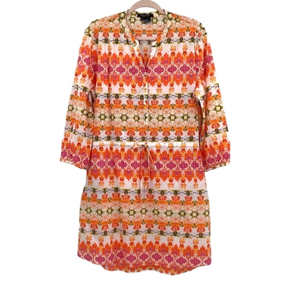 Etcetera Floral Mixed Print Cotton Dress Size 16 Tie Waist 3/4 Sleeve Pockets